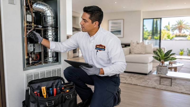 HVAC technician at work in modern home HVAC technician at work in modern home