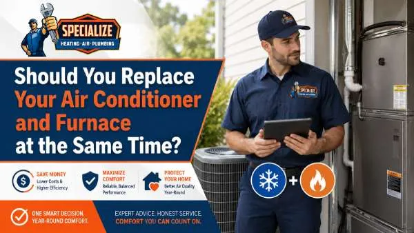 HVAC technician evaluating an air conditioner and furnace replacement for a Southern California home