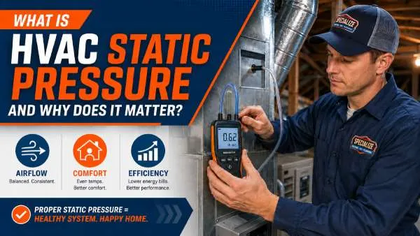 HVAC technician measuring static pressure and airflow in a residential heating and cooling system