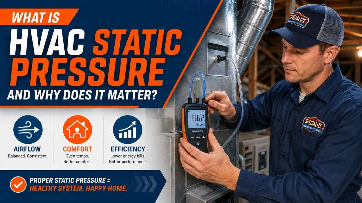 HVAC technician measuring static pressure and airflow in a residential heating and cooling system