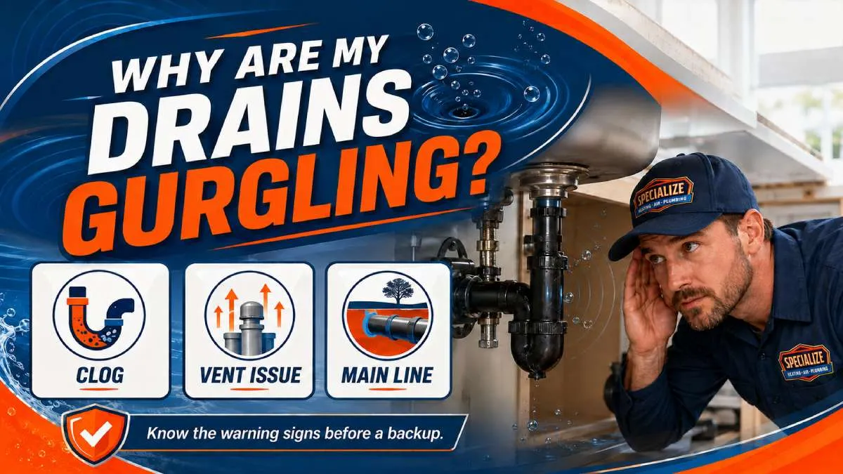 Plumber inspecting a gurgling household drain for a clog or plumbing vent problem